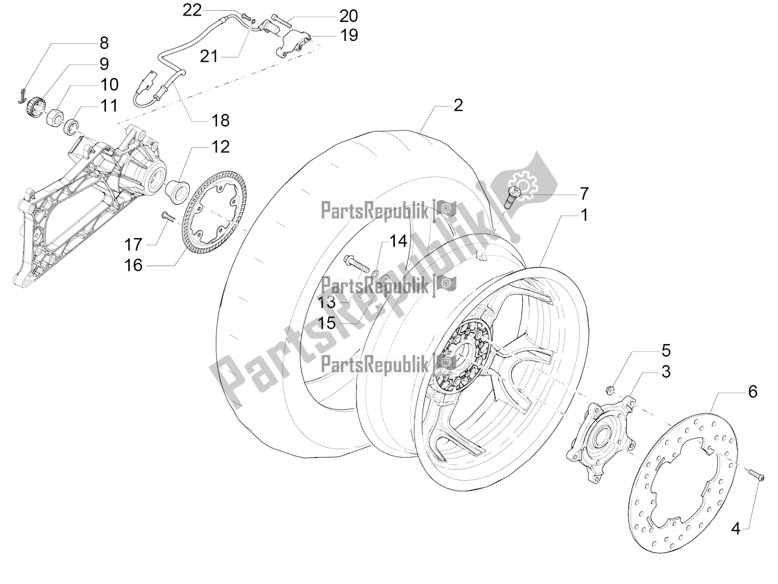 Order rear wheel spareparts for the Piaggio MP3 500 Sport Business ABS